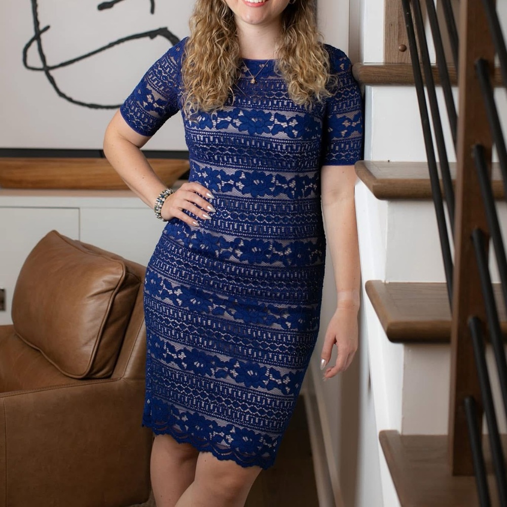 Adrianna Papell Blue Sequin Sheath Midi Dress